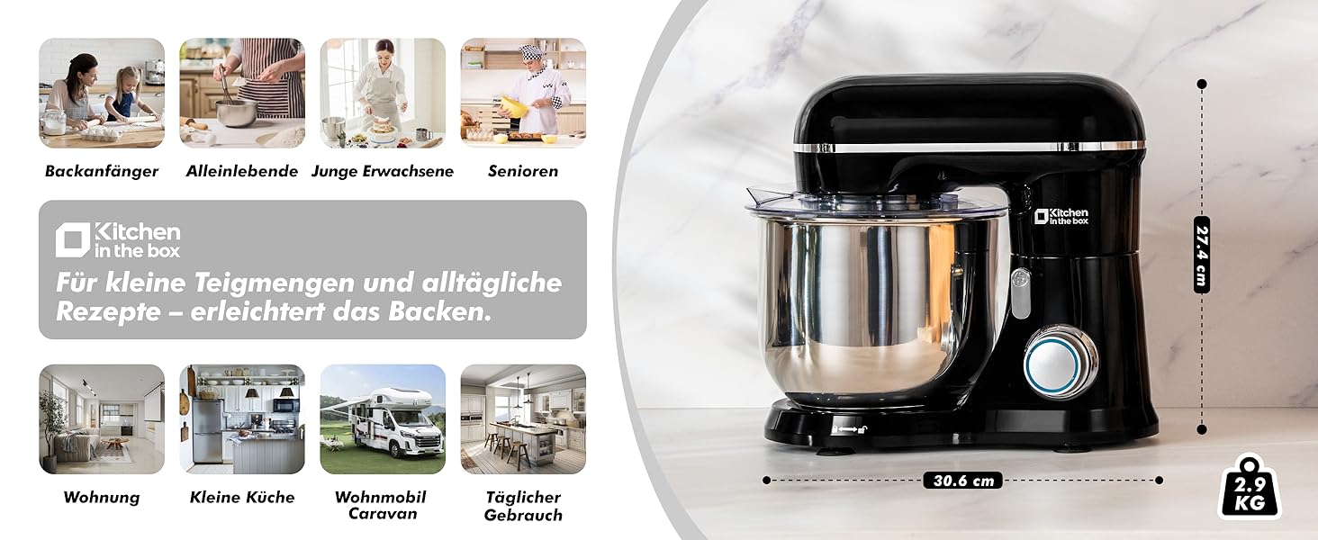 Кухонний комбайн Kitchen in the box Kompakte — планетарний міксер та тістоміс 3.5 л, 10 швидкостей, з насадками (гак, вінчик, міксер), чорний
