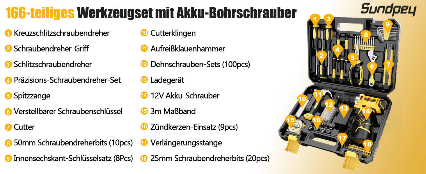 Набір інструментів Sundpey 166 предметів з акумуляторною викруткою 12V для дому, ремонту та саду (жовтий)