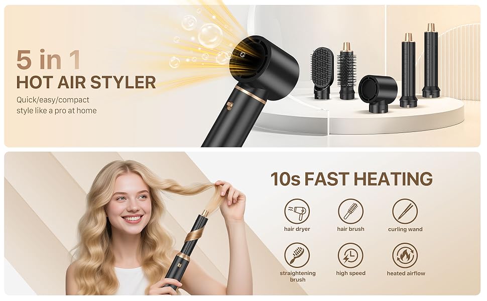 Sendowtek Hairstyler 5 в 1: Мультистайлер для волосся 1000W з насадками для завивки, сушіння, об'єму та укладки. Щітка-фен для жінок та чоловіків