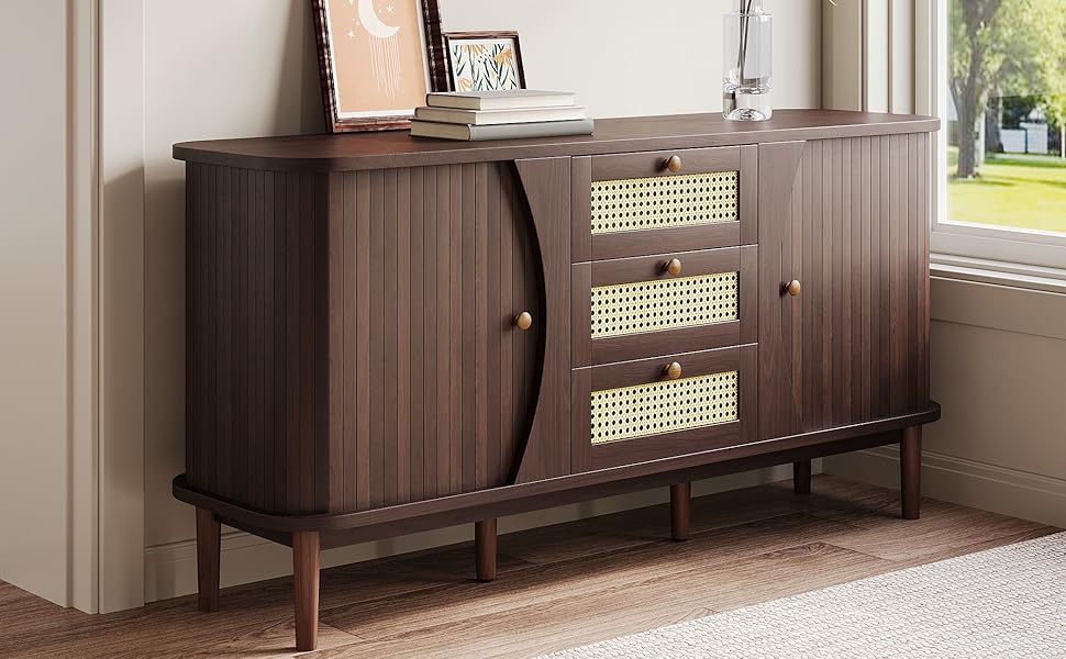 Комод з подвійними дверцятами та 3 шухлядами, дерев'яний, 140x40x76 см, стиль F, темно-коричневий