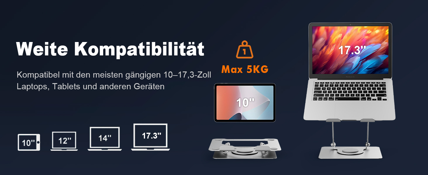 Стійка для ноутбука GRIFEMA GB1050: Регульована, складана, з поворотною базою 360°, срібляста – для MacBook, Dell, ноутбуків 11-17 дюймів