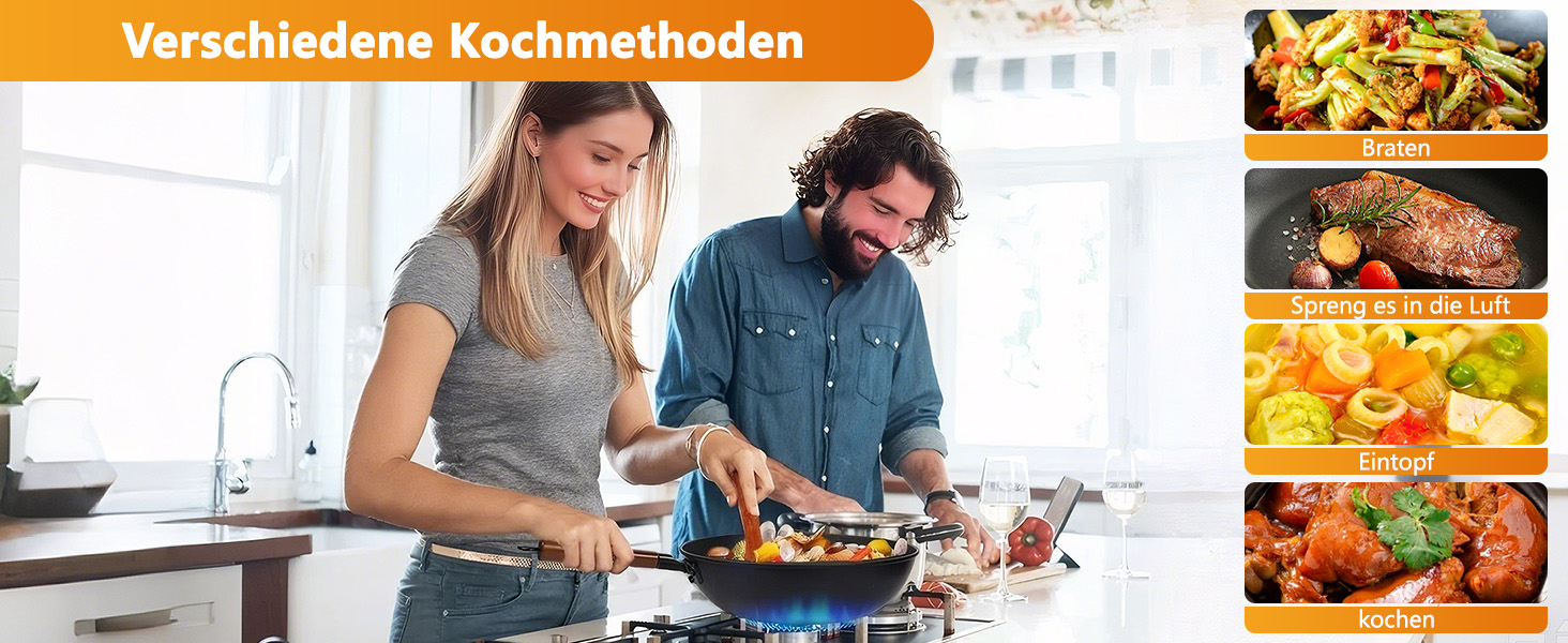 LIYGAOF Вок з кришкою 32 см з чавуну: Вок для всіх типів плит, кована чавунна сковорода, без хімічного покриття, легко миється