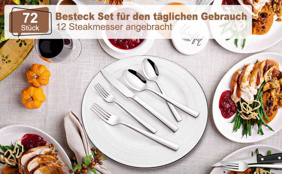 Набір столових приборів 72 шт. , нержавіюча сталь, 12 персон, в т.ч. ніж і органайзер для стейка, можна мити в посудомийній машині