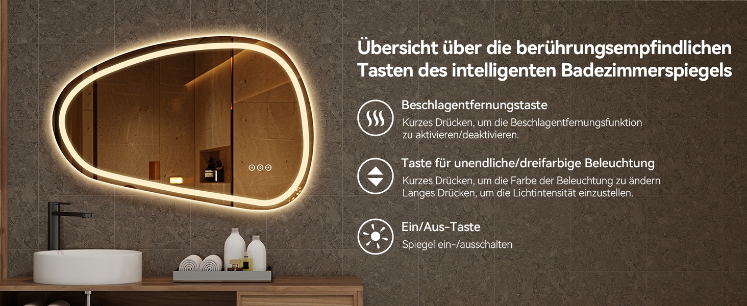 Дзеркало для ванної кімнати YOURLITE з підсвічуванням, 85x55 см, LED, сенсорне керування, 3 кольори світла, регулювання яскравості, антизапар, горизонтальне/вертикальне, IP44, білий