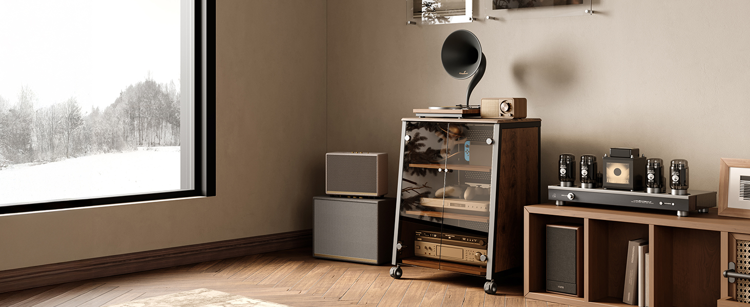 FITUEYES HiFi стійка з скляними дверцятами, стіл для програвача з захисним оснащенням, регульовані полиці для програвача та стереосистем, 66x65x81 см