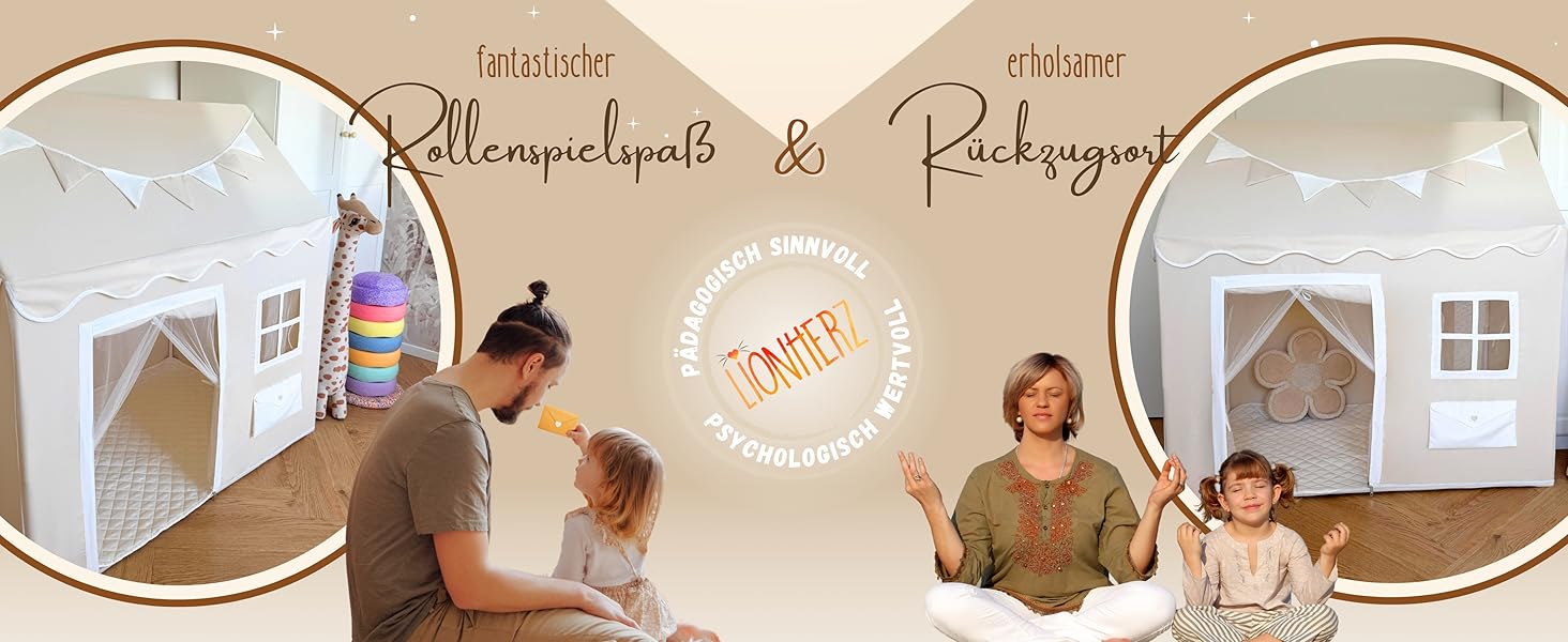 Дитячий будиночок LIONHERZ® DAS ORIGINAL з поштовою скринькою | Ігровий намет з килимком та гірляндою | Будиночок для дітей з 3 вікнами та щільним завісою | Намет для дитячої кімнати (кремово-білий)