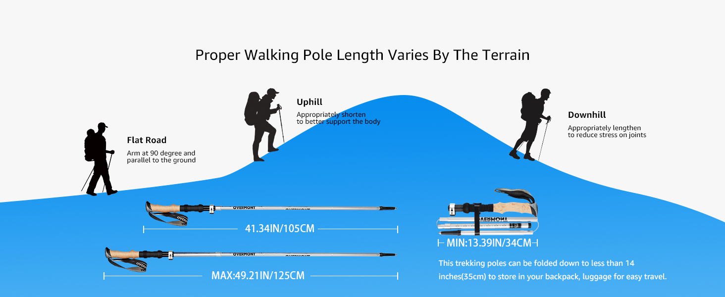 Туристичні палиці Overmont Карбон, надлегкі складні регульовані 105-125 см трекінгові палиці Палиці для скандинавської ходьби 1 пара з усіма аксесуарами для місцевості (7075 Алюміній, Сірий)