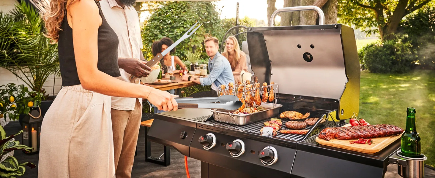 Набір гриль-посуду Onlyfire 4 шт. з нержавіючої сталі та акації (щипці, лопатка, виделка, щітка)