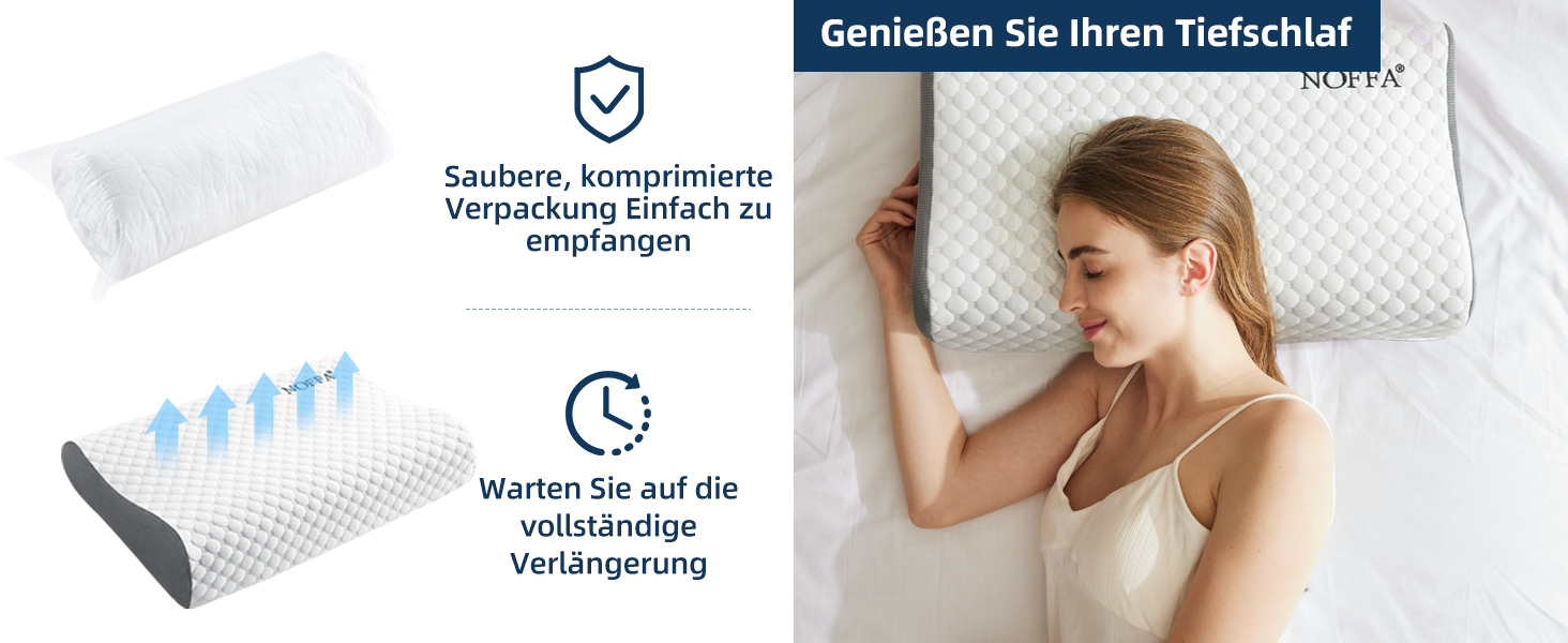 Подушка NOFFA з піною з пам'яті Memory Foam, ортопедична, для сну на спині, боці та животі, регульована висота та жорсткість, 55 x 35 x (11/8, 8/5) см, 60 x 35 x 12 см, сірий & білий колір