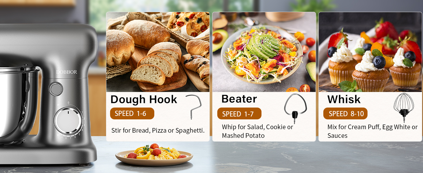 Кухонна машина-міксер з двома чашами 2.5L+3L, 10 швидкостей, 1500W, з гаком для тіста та насадкою для збивання, для випічки та щоденного приготування їжі (сріблясто-сірий)