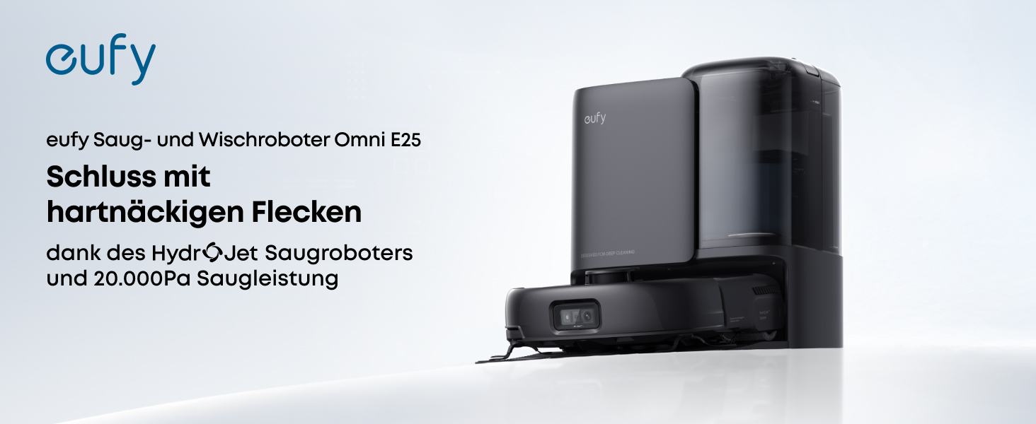 Робот-пилосос Eufy Omni E25 HydroJet з функцією миття, 20000Pa, Turbo-сила всмоктування, щітки DuroSpiral, CornerRover для кутів, станція All-in-One, для тварин та дітей