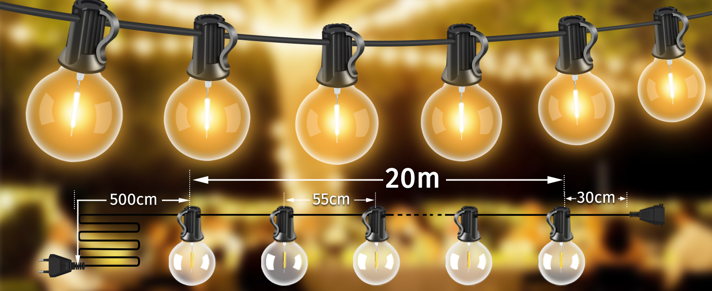 Світлодіодні ліхтарі зовнішні, 181 лампи G40, IP44, теплий білий, 20м, для саду/балкона/кемпінгу/весілля