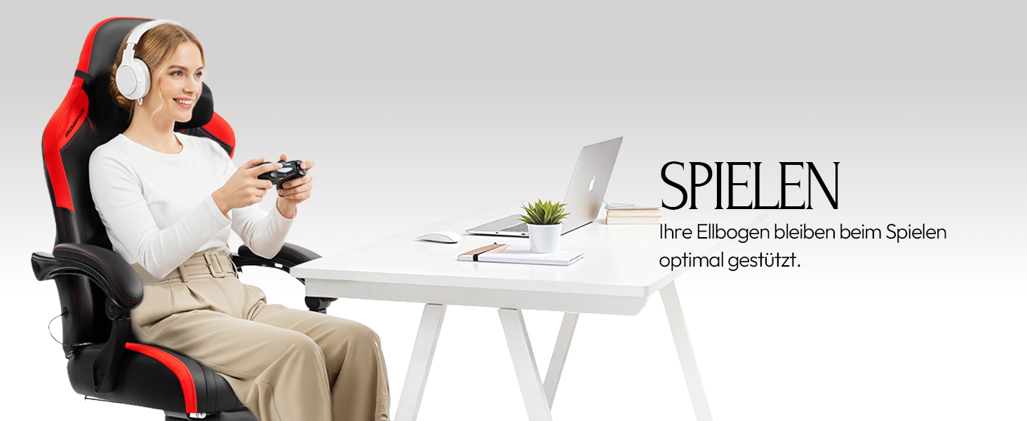 Ігровий крісло Dowinx з масажем, ергономічний дизайн, підтримка попереку та шиї, до 135 кг, шкіра, чорний (червоний)