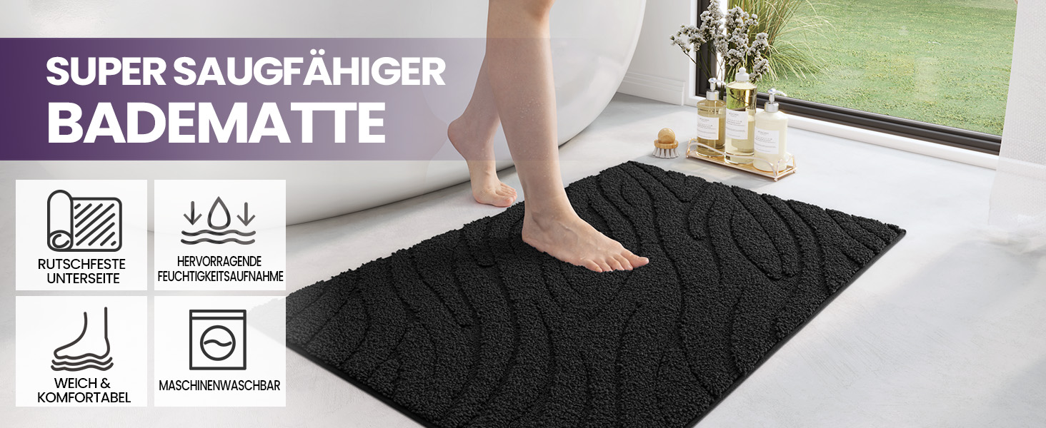 Килимок для ванної кімнати DEXI, чорний, 61 x 92 см, машинне прання, антиковзаюча поверхня
