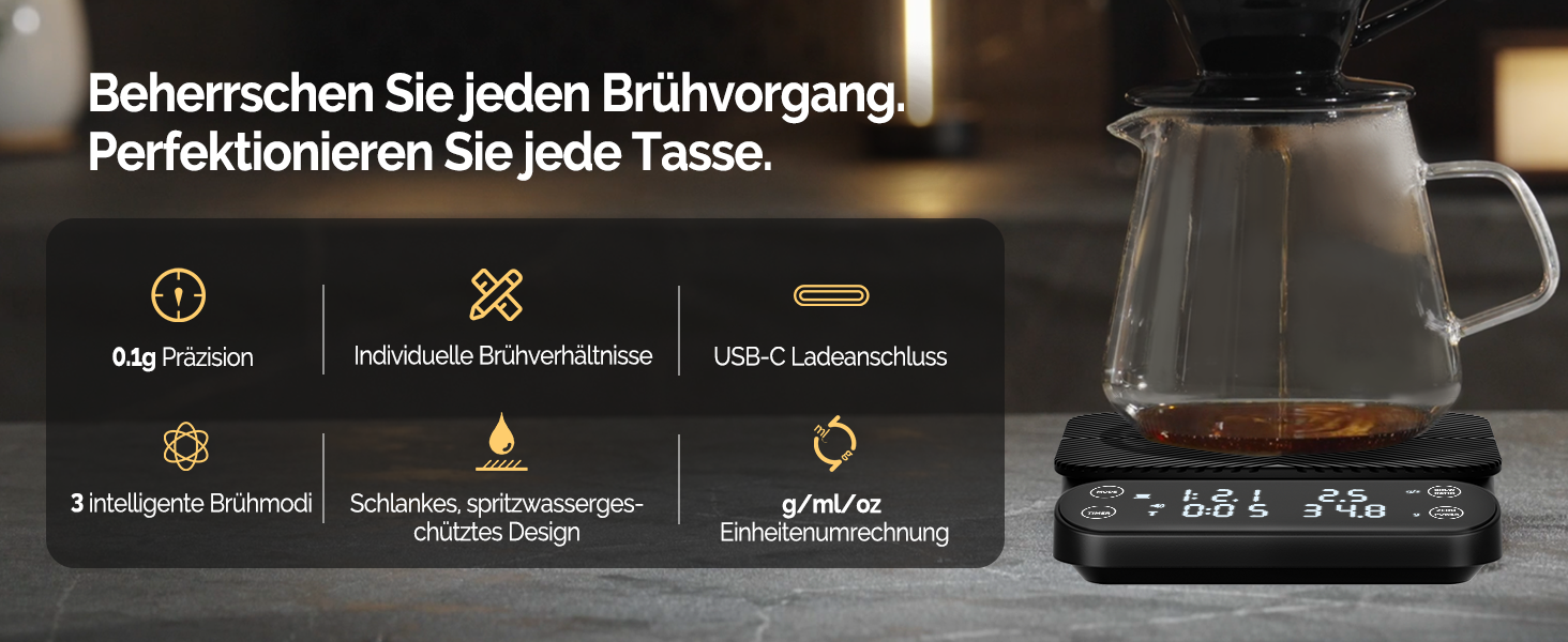 Ваги для кави Maestri House S3 з таймером, 3 кг/0,1 г, перезаряджувані, цифрові, для еспресо, з 3 режимами заварювання, регульованими співвідношеннями та індикатором потоку, для Pour Over, French Press – чорні