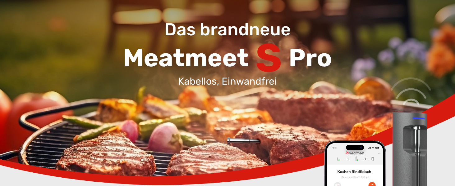 Бездротовий термометр для м'яса S Pro з Bluetooth, 6 датчиків, ±0,1°C, моніторинг через додаток, таймер, будильник, IP69 водонепроникний та олієстійкий