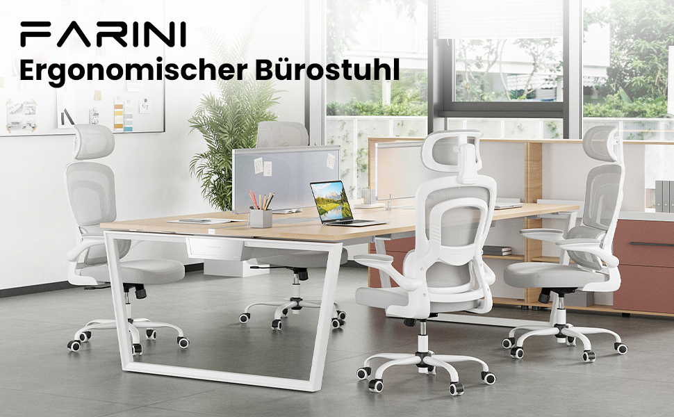 Ергономічне крісло Farini для офісу та дому: регульоване, з підголівником, сіро-біле. Ідеально для роботи за комп'ютером та в home office.