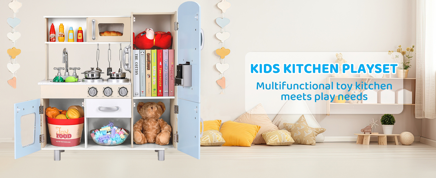 Дерев'яна дитяча кухня Mamizо з аксесуарами, 81x74x30 см, з підсвіткою та звуком, для дітей від 3 років, біло-блакитна