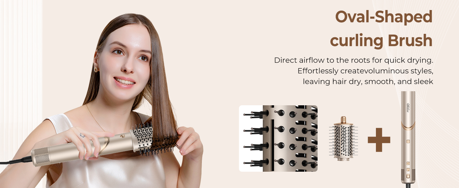 UKLISS Hairstyler Airstyler 8-в-1: Фен-щітка, випрямляч, плойка, насадки для об'єму та іонізація - Швидке сушіння для всіх типів волосся, колір шампань