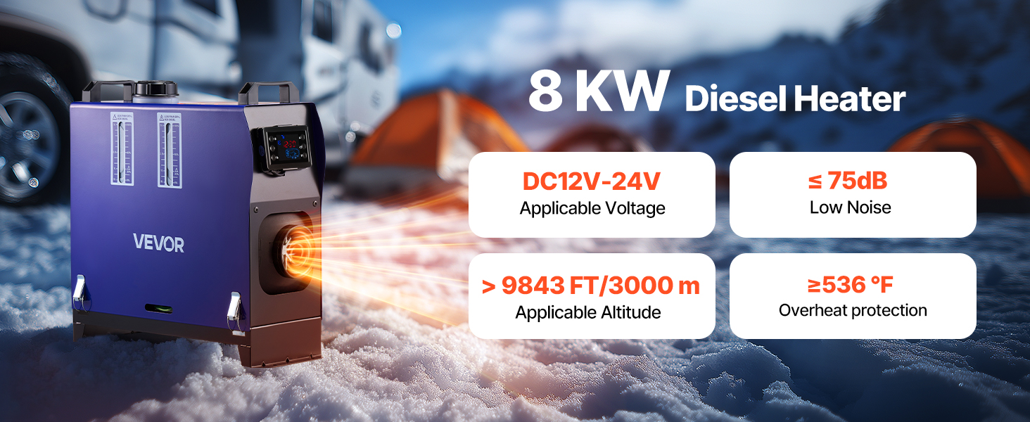 Дизельний опалювач VEVOR 8 кВт, 12/24 В, портативний, з пульт. та LCD, 5л, для авто, вантажівок, кемперів, блакитний