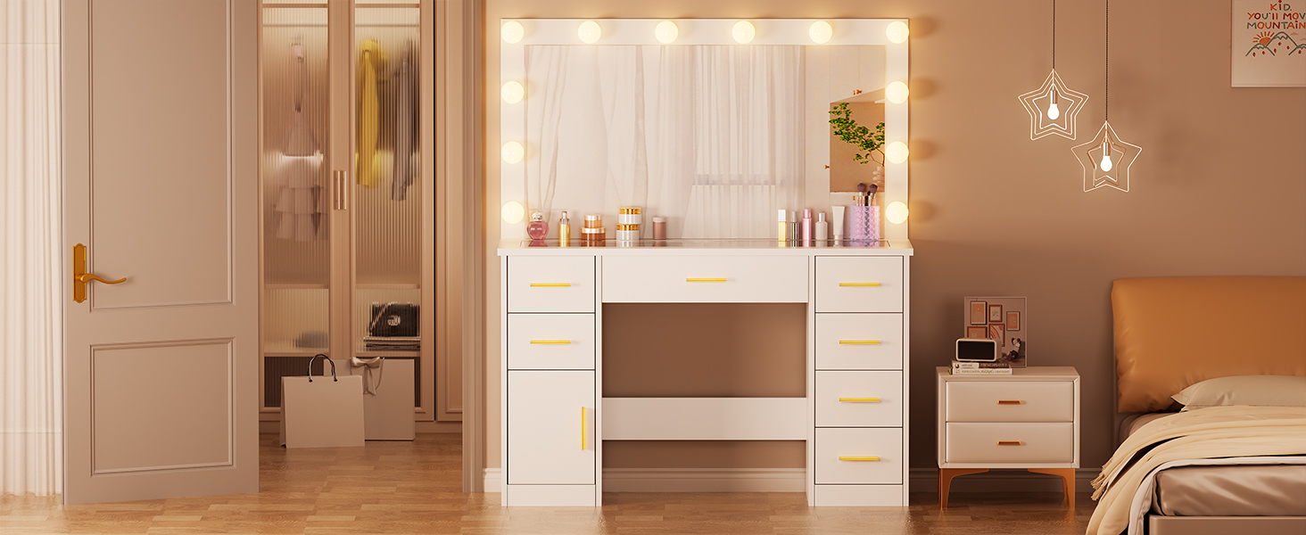 Великий туалетний столик ANWBROAD з регульованою LED-підсвіткою 3 кольорів та розеткою. Сучасний туалетний столик з дзеркалом, 7 ящиків, білий, 140x110x40 см. Модель BDT83W