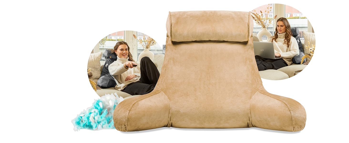 Подушка для читання Ella Lesekissen для ліжка та дивану з знімною подушкою для шиї - спинна подушка для ліжка. Подушка для читання з піною з пам'яті з підлокітниками, ідеально підходить для читання, перегляду телевізора, відпочинку або як спинна підтримка (колір: коричневий)