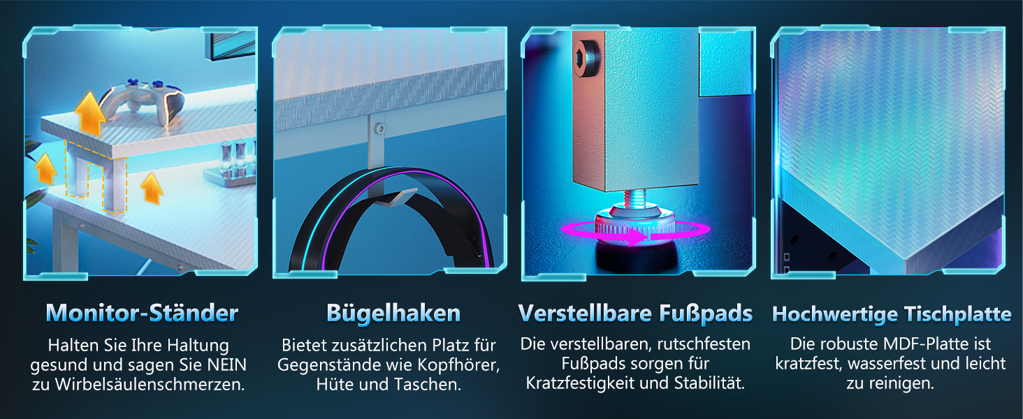 Ігровий стіл Coleshome з шухлядами, 151x50 см, з LED-підсвічуванням та розеткою, з полицями та підставкою для монітора (карбонове волокно)