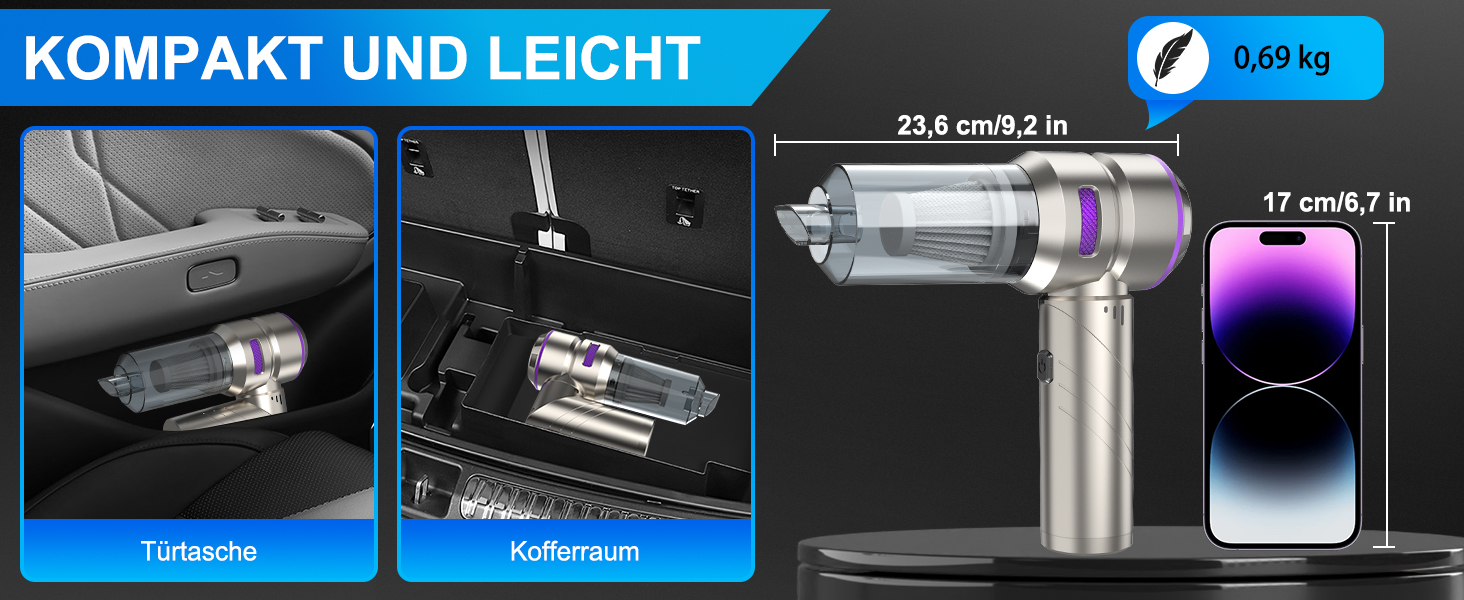 Бездротовий ручний автомобільний пилосос 4 в 1, потужність 18000Па, безщітковий мотор 200 000 об/хв, 3 рівні всмоктування для авто, дому та шерсті тварин, сріблястий