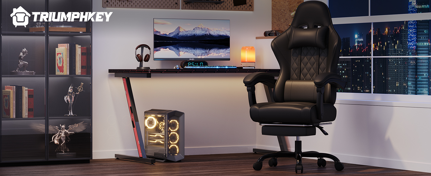 Ігровий стілець, офісний стілець з підставкою для ніг, ергономічний стілець, регульована спинка 90-135°, вантажопідйомність 150 кг, чорний