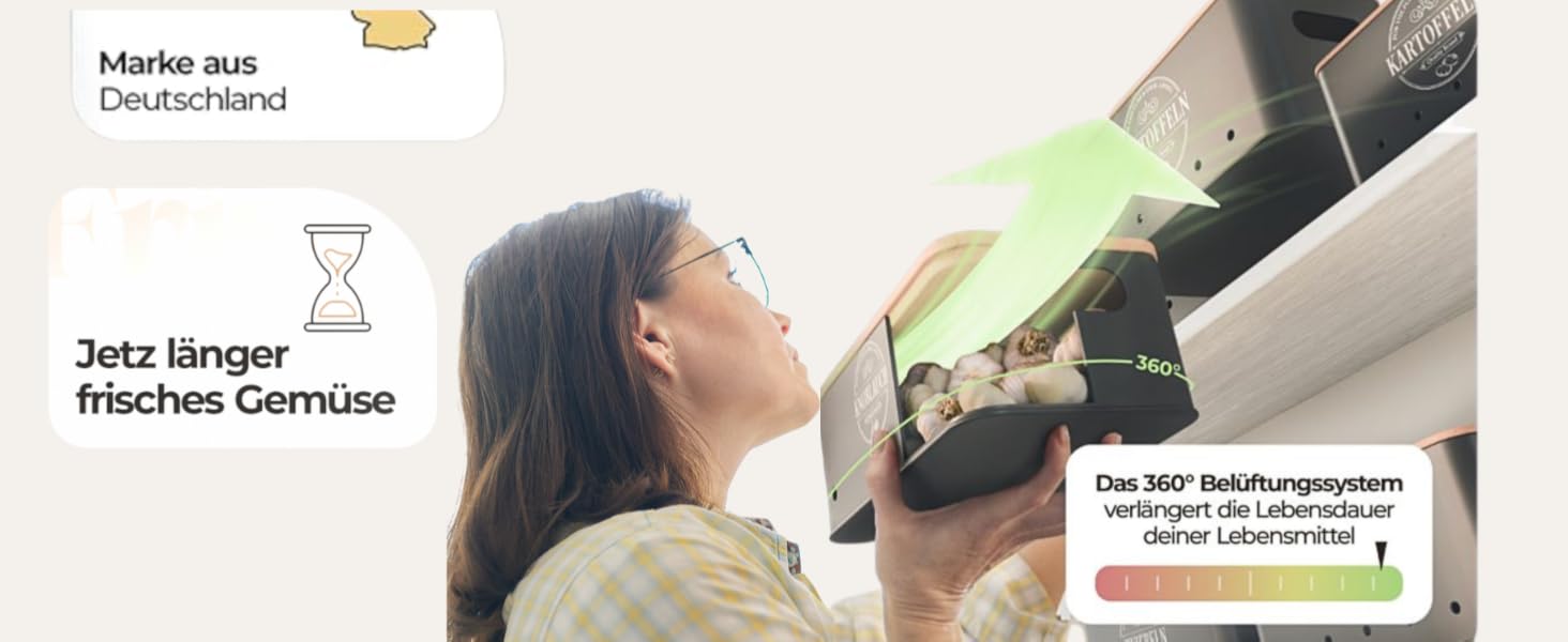 IDEALTASTIC® Преміум Коробка для зберігання картоплі [3 шт] | Набір з 3 контейнерів для картоплі, цибулі та часнику з системою 360° вентиляції для свіжості | Чорний