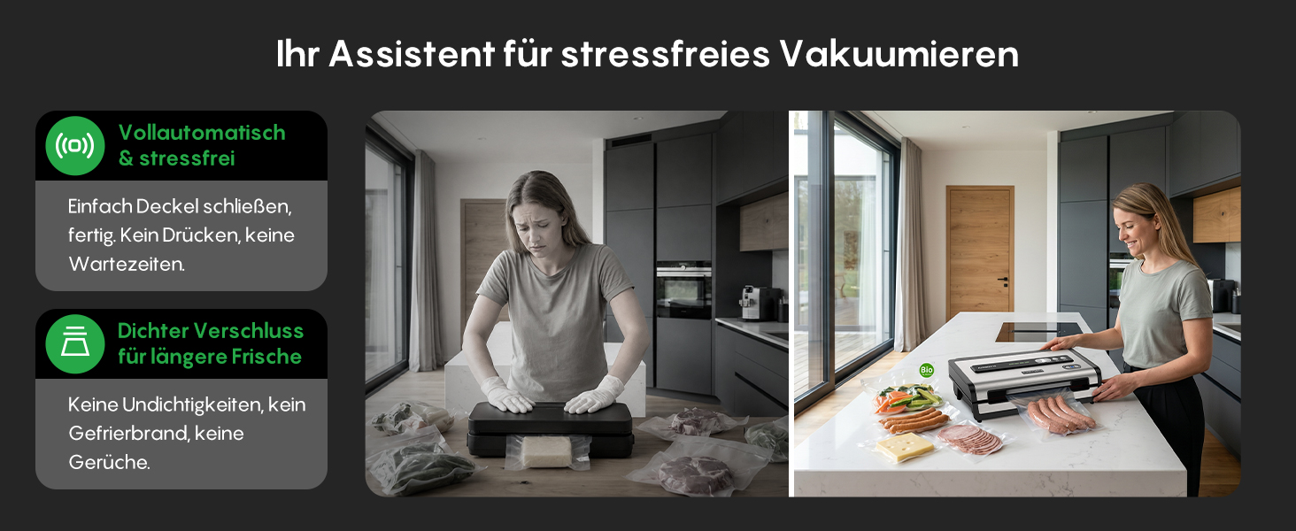Вакууматор FRESKO AutoMax для продуктів, 140 Вт, 18 л/хв, з вбудованим різаком для пакетів, сріблястий