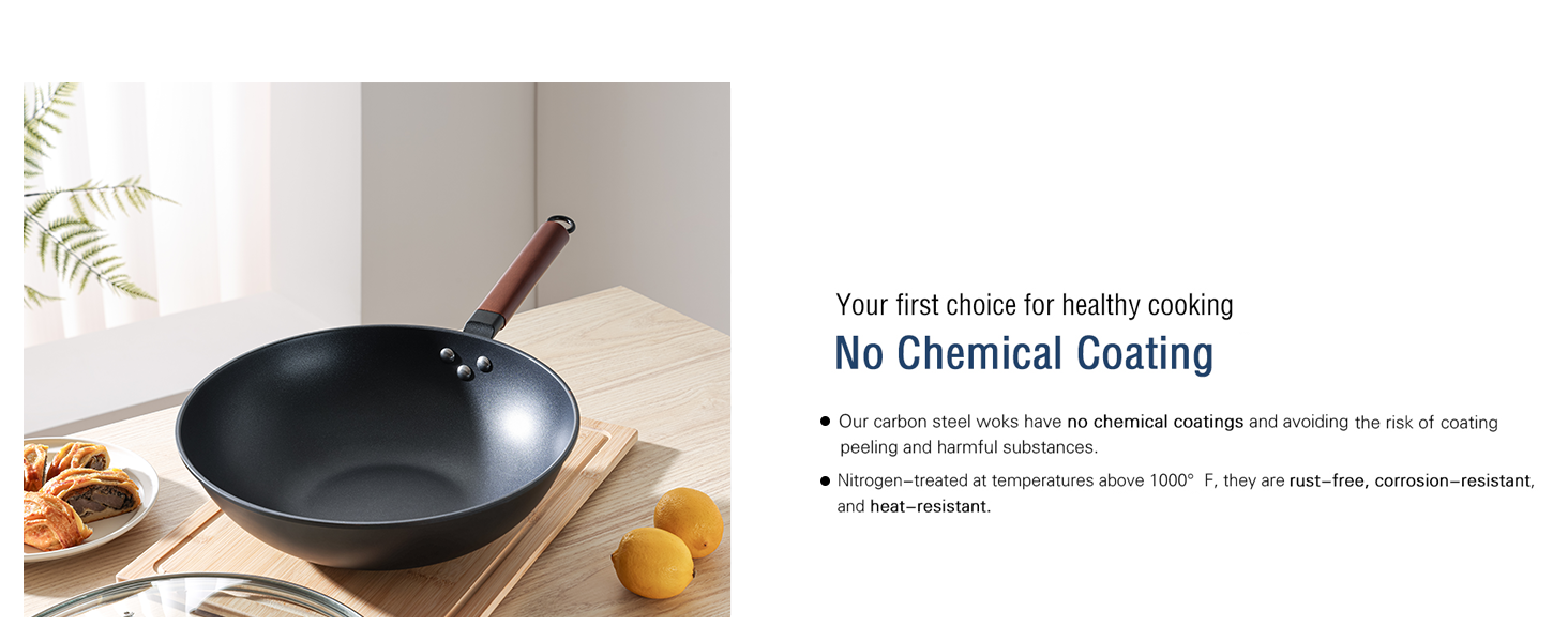 Кордісен Вок з антипригарним покриттям 33 см, 5.6 л з кришкою, без хімічного покриття, попередньо приправлений, підходить для індукційних, електричних та газових плит