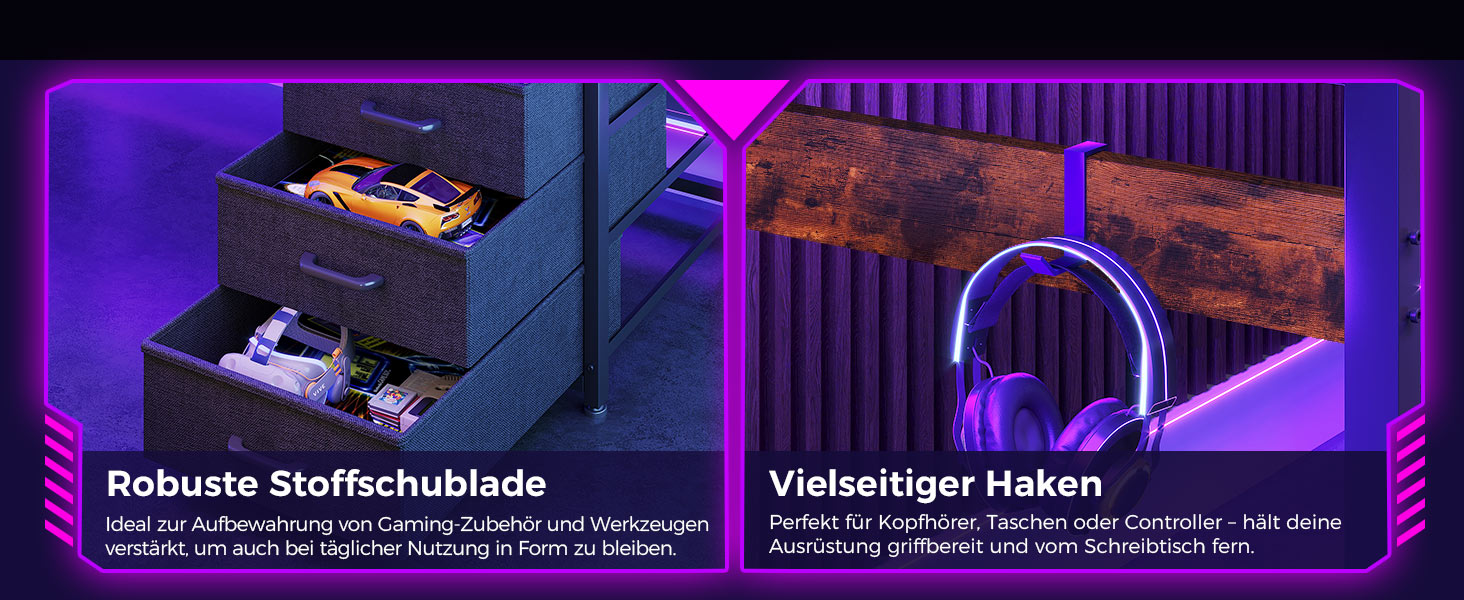 Ігровий стіл Coleshome з полицями та ящиками, 137x48 см. Стіл для геймінгу з LED-підсвічуванням та розеткою, комп'ютерний стіл з місцями для зберігання та підставкою для монітора (Коричневий)