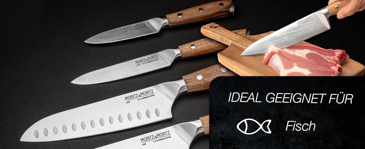 Професійний кухонний ніж Moritz & Moritz 20 см з дамаської сталі 67 шарів - ніж шеф-кухаря з ергономічною ручкою з акації