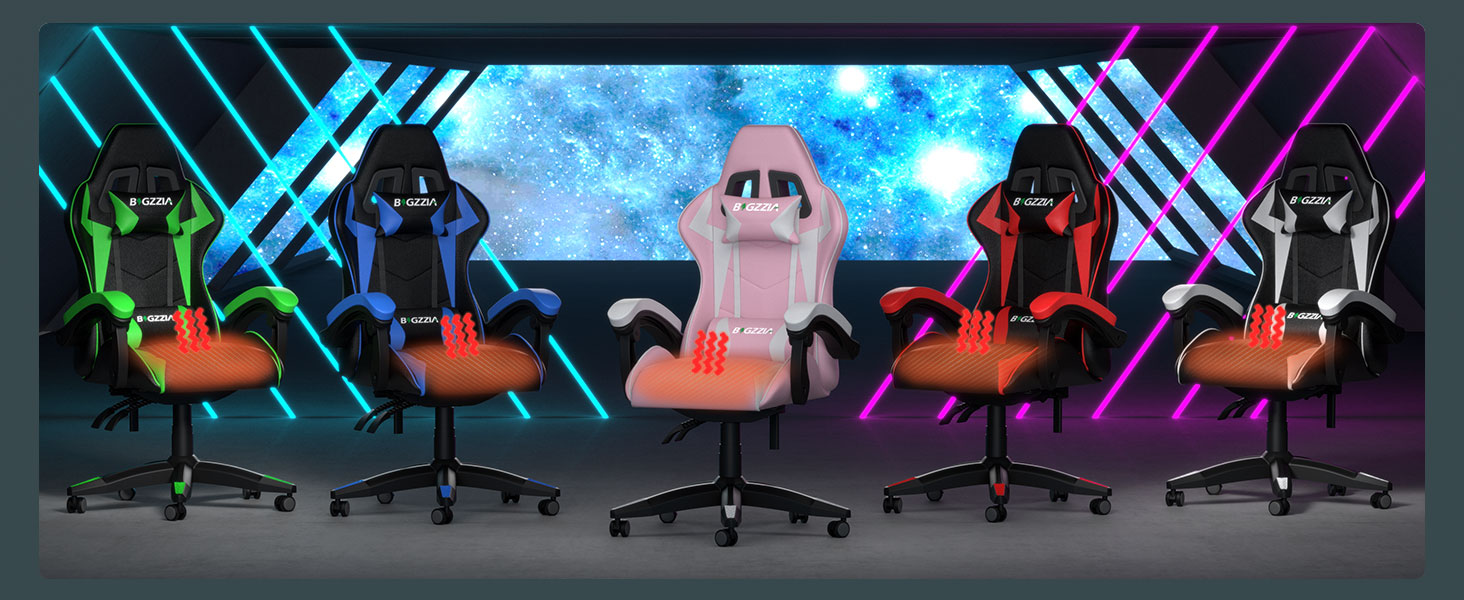 Ігровий крісло Bigzzia Ergonomic з підігрівом, рожево-білий, для геймерів, комп'ютерне, з підголівником та підлокітниками
