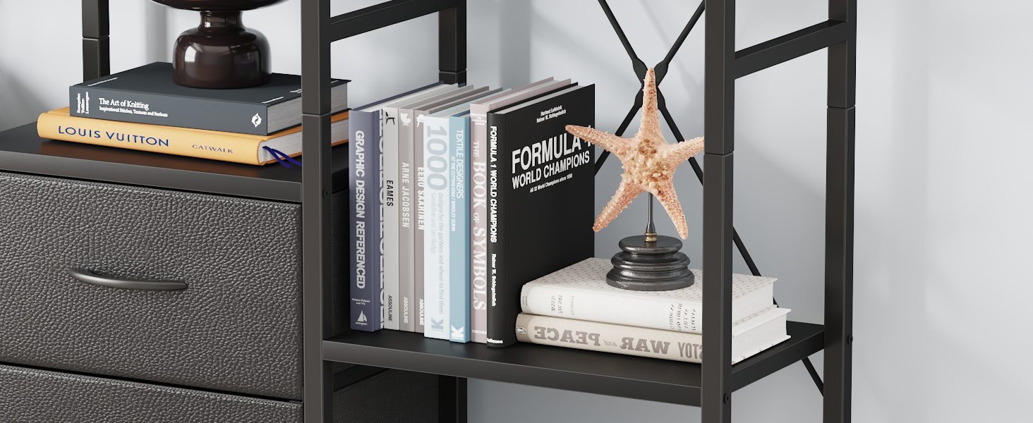 Стильна полиця-стеллаж з 4 висувними ящиками з тканини, 142 см, чорний колір. Ідеально для вітальні, офісу, кухні, балкону. Книжкова полиця, стелаж-куб, полиця для зберігання.