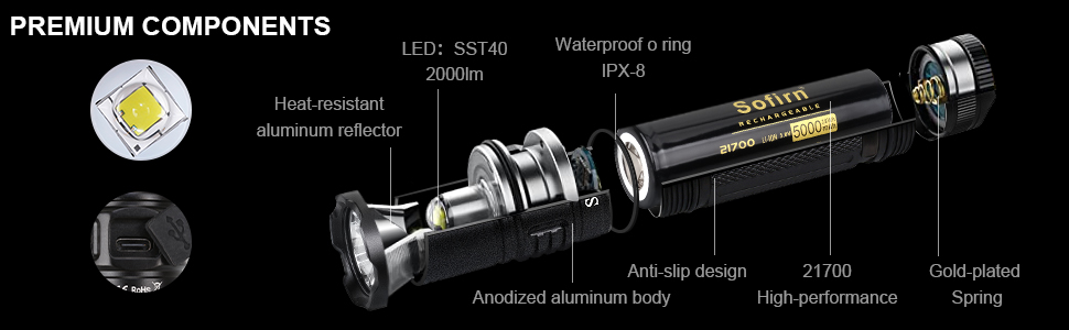 Потужний світлодіодний ліхтарик Sofirn SP35, тактичний ліхтарик з підсвічуванням 2000 люмен USB акумуляторна лампа з батареєю 21700, багатофункціональний 8 режимів для полювання на відкритому повітрі пошук