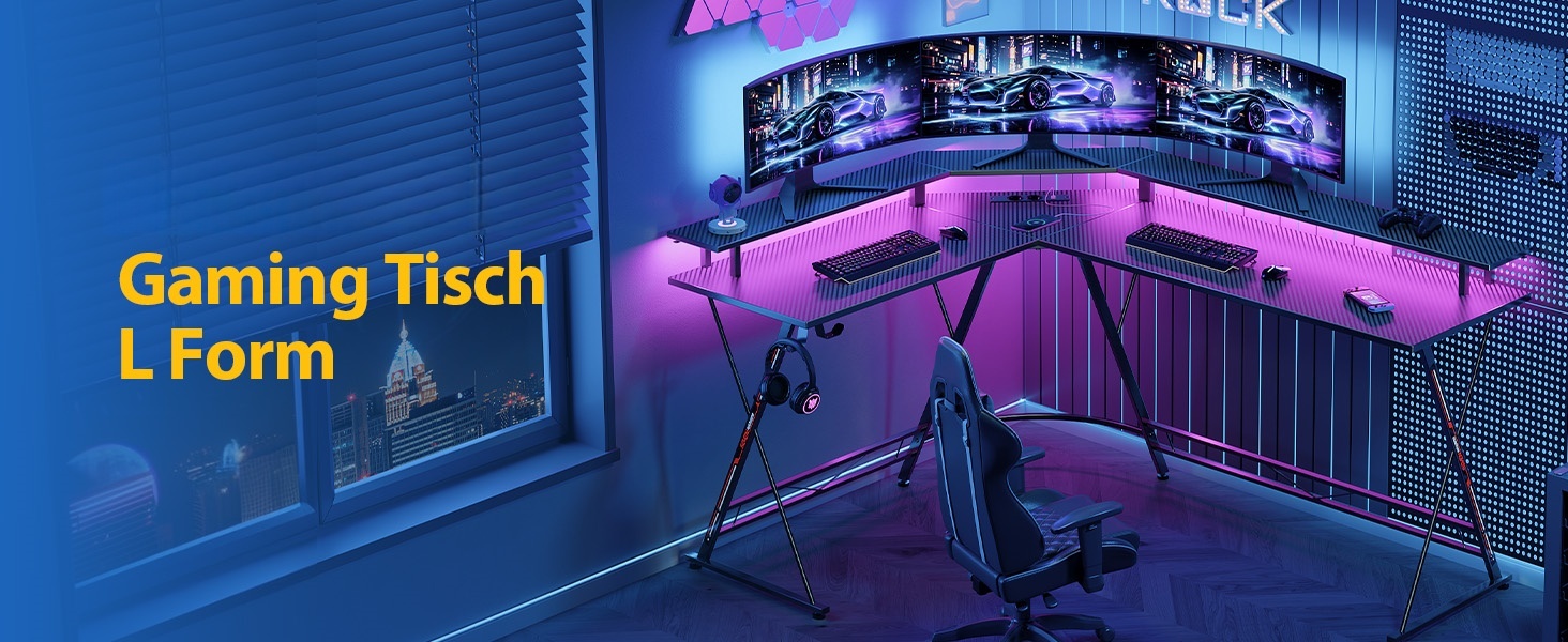 Ігровий стіл SEVEN WARRIOR з LED-підсвічуванням, розетками, моніторний стійка, 2 гачки, L-подібний, 147 см