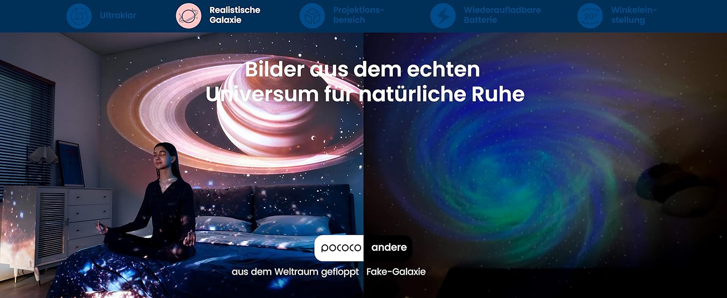 Проєктор зоряного неба POCOCO Sternenhimmel: LED-проектор галактики, планетарій для дітей та дорослих, нічник з ауророю, 2 диски, таймер, рожево-блакитний