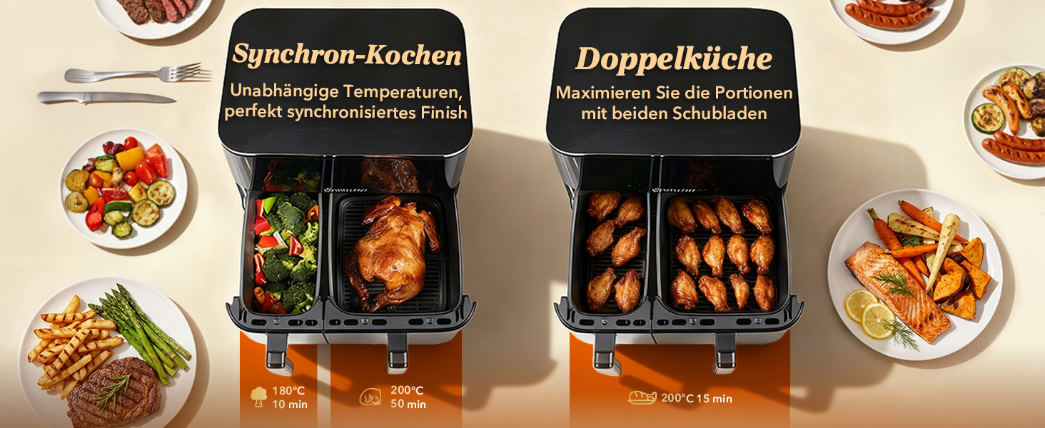 Аерофритюрниця WELLENT Dual Zone XXL 11л (6+6л), 2950W, з двома камерами, вікном перегляду та функцією Match & Sync