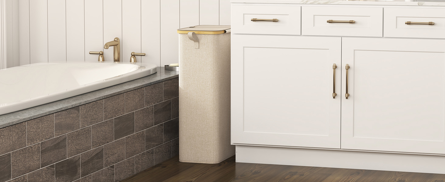 Кошик для білизни Lifewit з кришкою, вузький, складний, 75L, бамбук, з ручкою, для квартири, гуртожитку, кемпінгу (Бежевий)