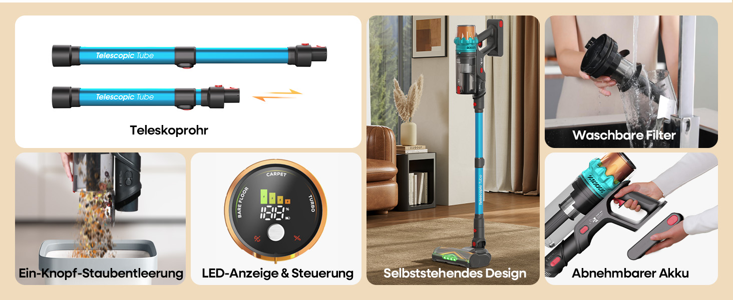 Акумуляторний пилосос ElecKeys K10 50000Pa/580W 70хв, бездротовий з LED дисплеєм, 1.8л, анти-заплутування, для шерсті тварин, килимів, підлоги, авто, синій