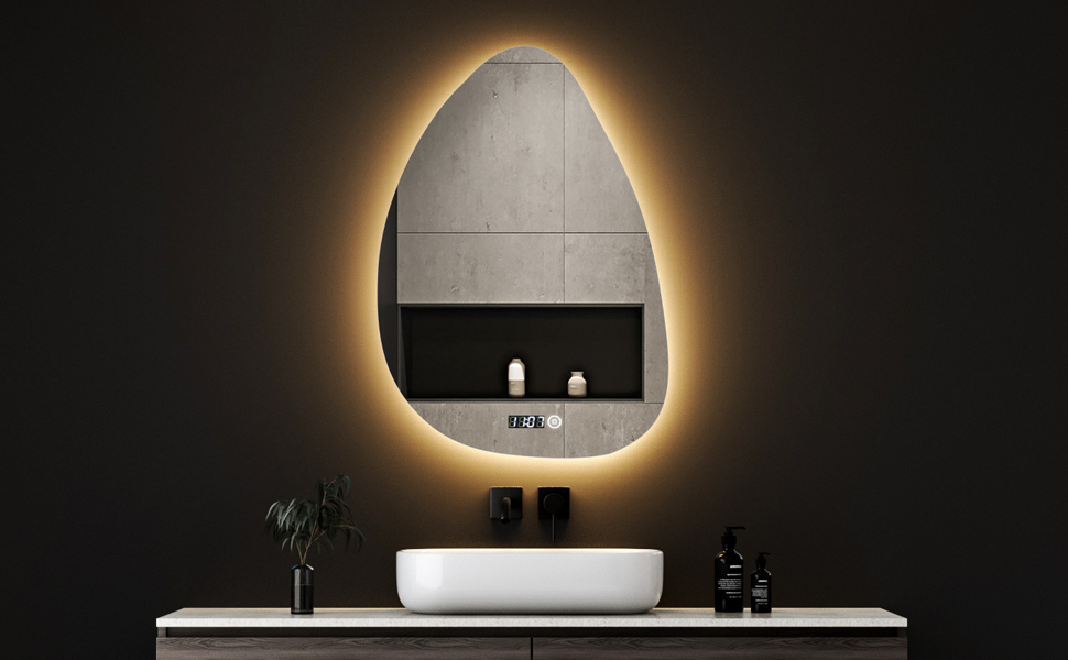 Дзеркало для ванної кімнати з підсвічуванням та годинником 50x70 см, LED, сенсорне керування, 3 кольори світла, диммування, 2470LM, стиль Jy01