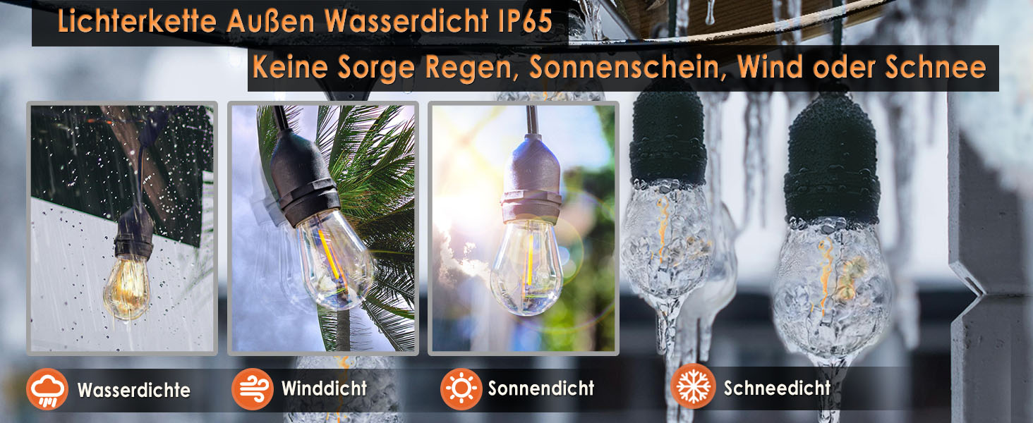 LED гірлянда 15 метрів для саду та тераси, водонепроникна IP65, 15+1 лампочки E27, тепле світло 2700K, для вечірок та свят [Енергоклас G]