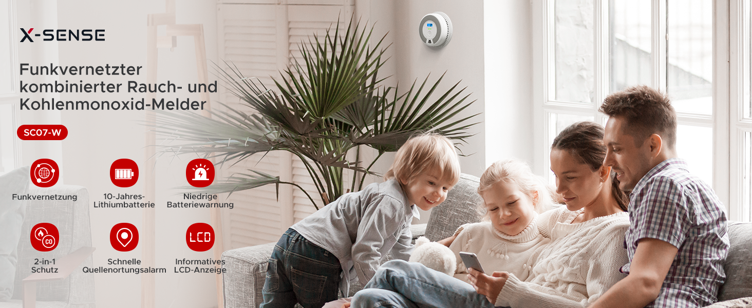Датчик диму та монооксиду вуглецю X-Sense SC07, автономний, 10 років, з LCD-дисплеєм та кнопкою тестування, 360° моніторинг, автоматична перевірка, з можливістю радіомережі (1 шт.)