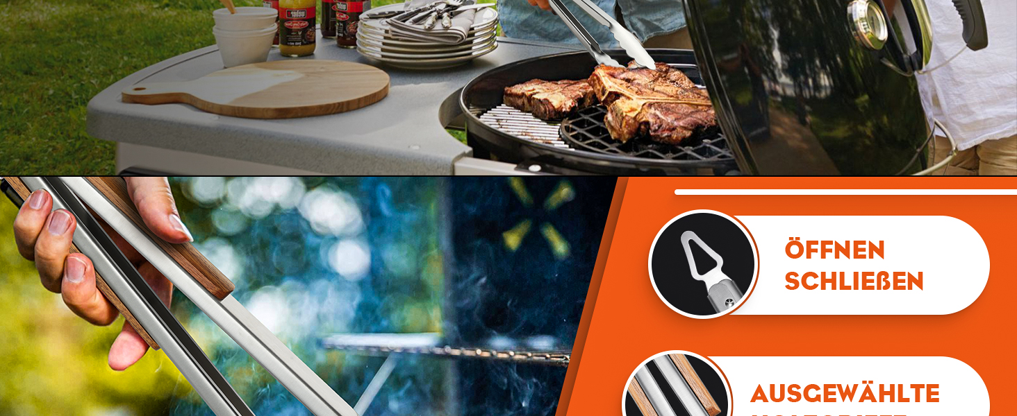 Набір гриля TIVOLI 4-частини з нержавіючої сталі з дерев'яними ручками: щипці, лопатка, щітка, виделка. Ідеальний подарунок для гриля та барбекю.