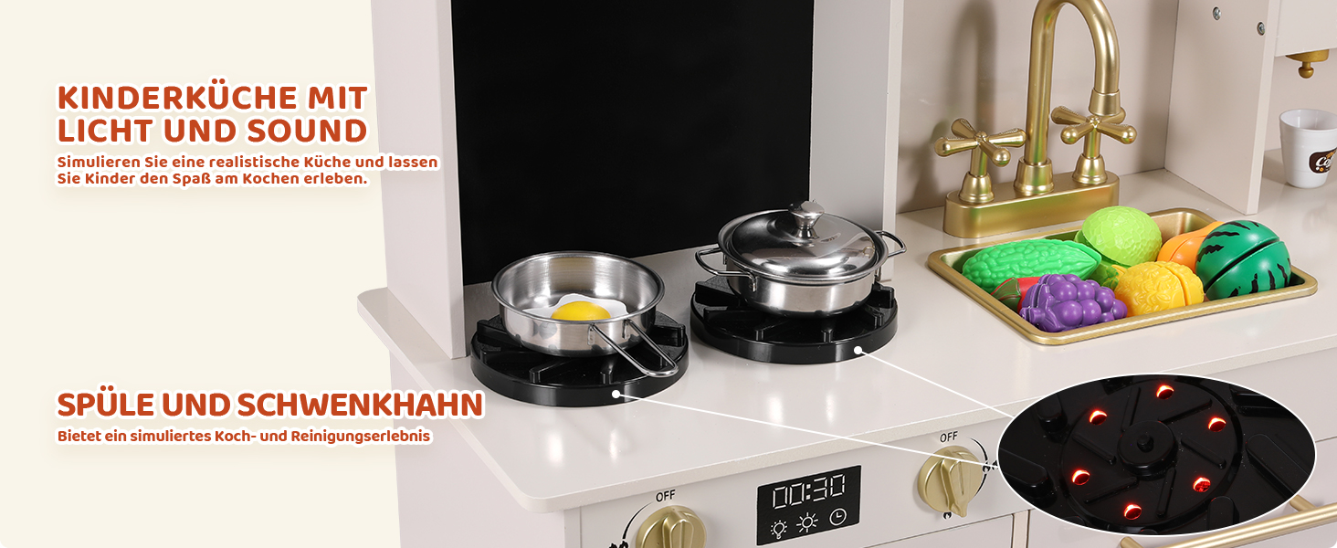 Дерев'яна дитяча кухня MAMIZO з підсвіткою та звуком, 90x30x90 см. Комплект з аксесуарами та 2 ящиками для зберігання. Іграшка для дітей від 3 років, бежевого кольору