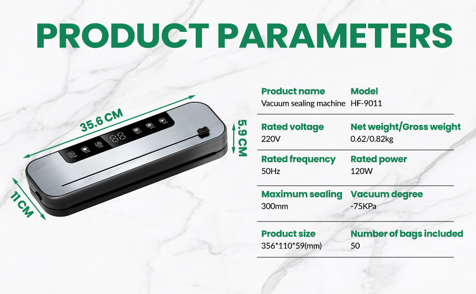Вакууматор для продуктів 6-в-1, професійний автоматичний вакуумний пакувальник з різаком, цифровим таймером та набором з 50 пакетів і шланга, 75КПа
