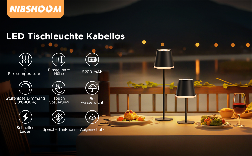 LED-лампа NIBSHOOM настільна бездротова диммерна, 5200mAh, IP54, RGB, регулювання висоти, 3 колірні температури (2 шт.)