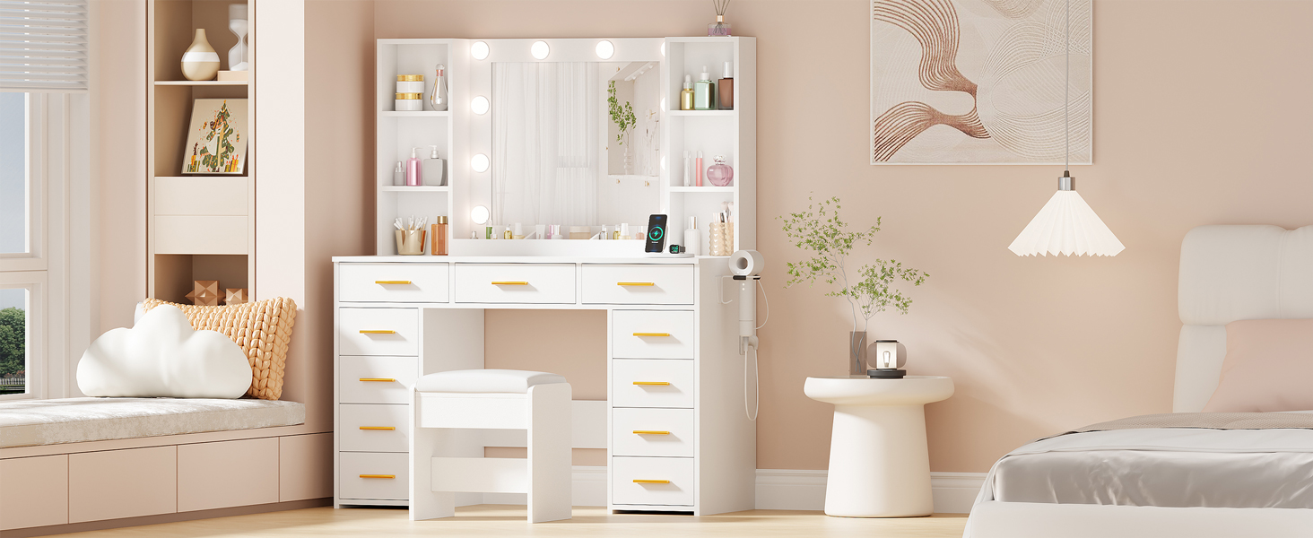 Великий туалетний столик ANWBROAD з регульованою LED-підсвіткою та 11 ящиками. Сучасний туалетний столик з дзеркалом, розетками, 6 відкритими полицями. Комплект з пуфом. Білий колір, 140x110x40 см. Модель BDT86W
